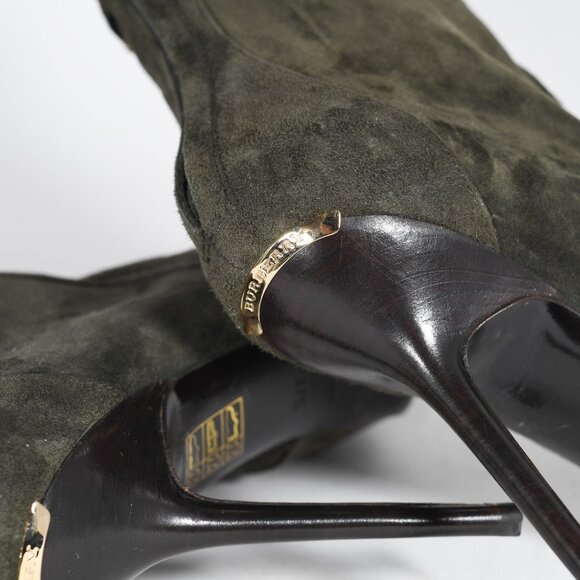 Burberry Olive Suede Ankle Boots with Gold Accents Size 37.5 Stiletto Heel - Picture 13 of 14